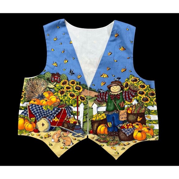 Vintage Vest 1990s Scarecrow Harvest Fall Cotton Handmade Thanksgiving Kitschy - Picture 2 of 6